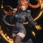 Orphie Magnusson Zenless Zone Zero，一位有著橘色頭髮、動畫風格、穿著黑色衣服的女性。
