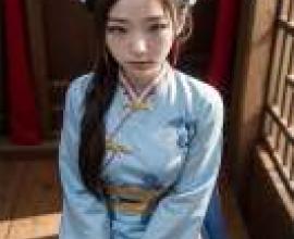 中國女兒裝扮，一位穿著藍色和服的女孩。