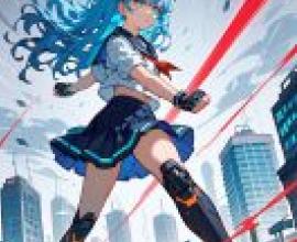 Ghost wolf，Girl with blue hair and glasses in front of city skyline.