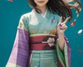 Lijia，Pokemon，一位身穿紫黃色和服的年輕女孩戴著紅色頭帶。