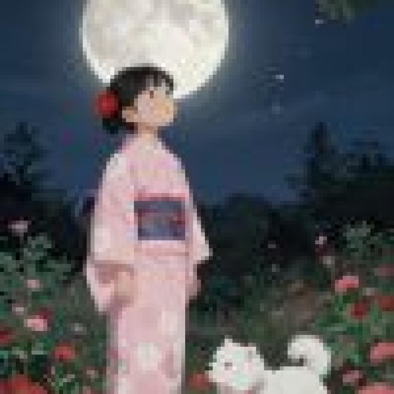 The gentleness of the moonlight，Woman in pink dress next to dog and moon.