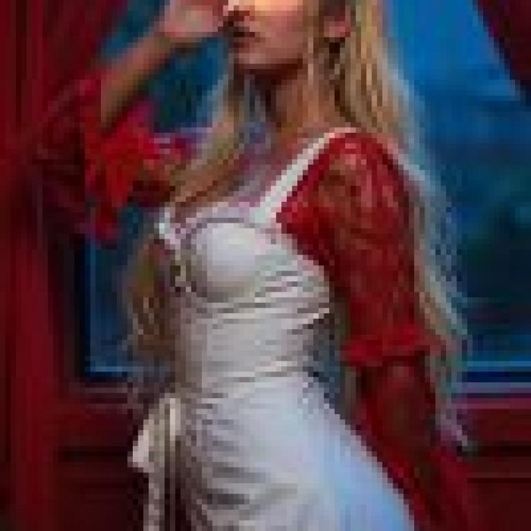 girls，A blonde woman with long hair and red sleeves poses near a window.