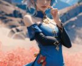 Ganyu，Genshin Impact，Blue girl in front of mountains.