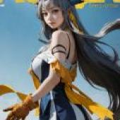 Sublimation Skadi Arknights，A woman in a yellow dress and blue skirt is on the cover of Ageless.