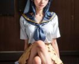 Hagiura Yuuna Sansha MendanA girl wearing a blue and white school uniform.