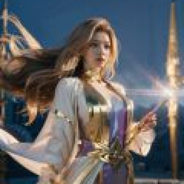 女法師，身穿白金相間的服裝，頭戴王冠。