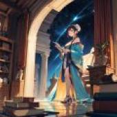 圖書館女孩，女孩穿著藍色洋裝。