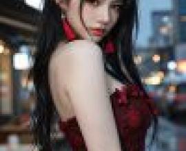 夜之舞，身穿紅裙、戴耳環的女子。