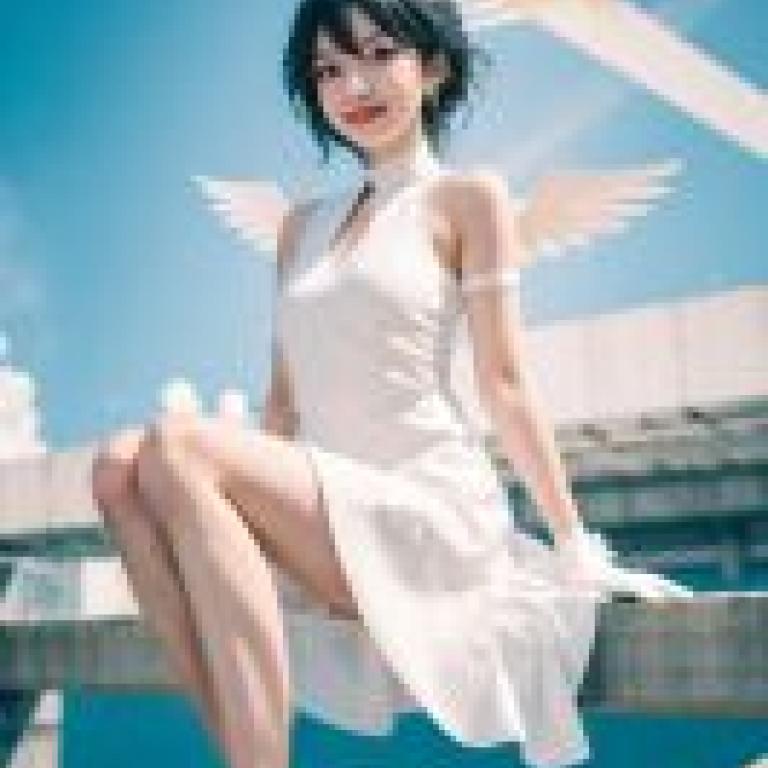 元慈，一位身穿天使服裝的女子坐在長椅上。