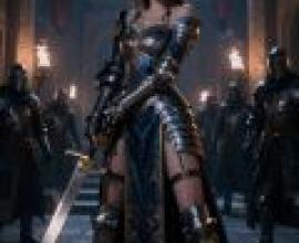 Endless battles，A woman in a medieval costume is surrounded by knights.
