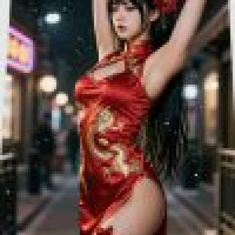 girls，Red chinese dress with dragon on it.