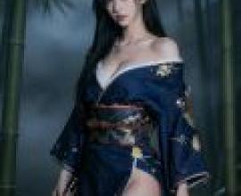古代日本女刺客，身穿藍色和服，手持一把利劍。