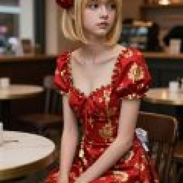 ZIT 01，Red haired girl in an elegant red dress and flower in her hair.