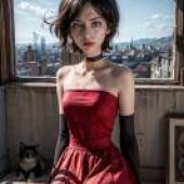手機桌布，小小兵，Scarlet Overkill，寫實，一位戴著黑手套、身穿紅色裙子的女人正在向窗外望去。