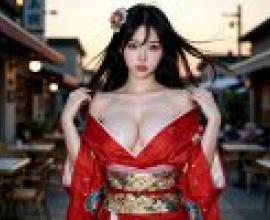 美麗的攝影師，身穿和服的女模特，和服上方有日文文字。