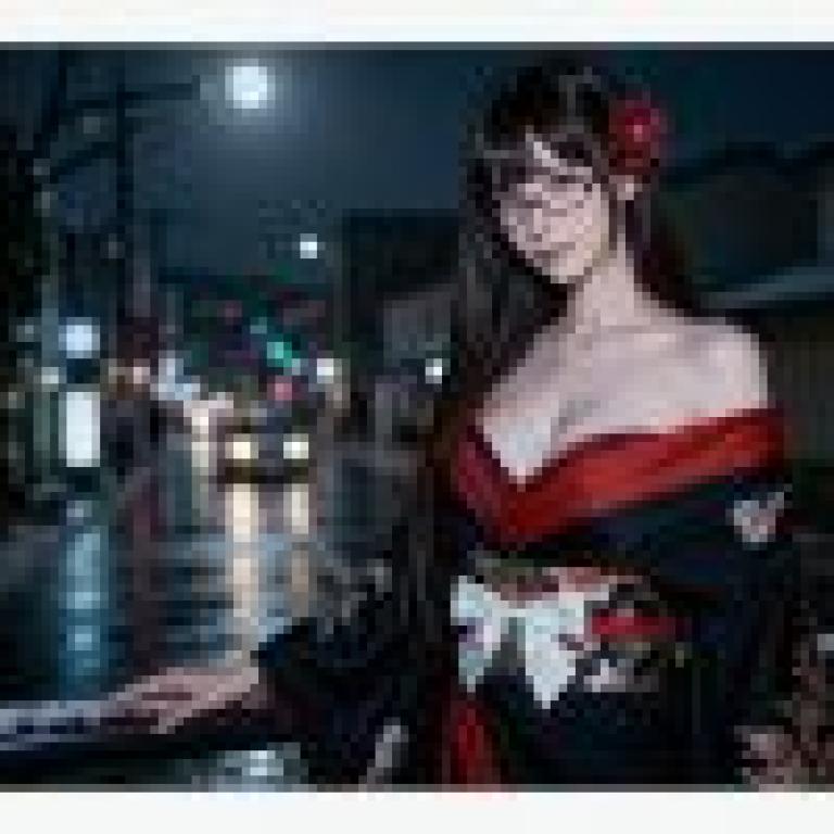 psychedelic，Asian model with red and black dress in the rain.