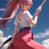 Arche Klein ToPA young woman wearing pink and holding a wooden stick.