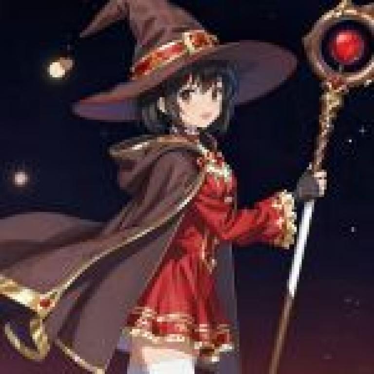 Super Magic，a young girl in a red dress and hat is holding a wand with a gem on it.
