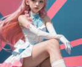 Cure Prism Soaring Sky Pretty Cure SecretMoon，Pink haired doll on white platform.