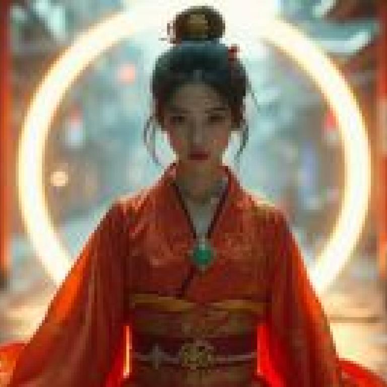 武士女孩，身穿紅色和服的亞洲模特兒。