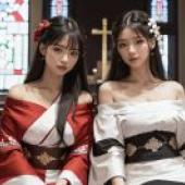 美麗和服夜：教堂彩色窗前的和服女子，桌布免費，審美風華