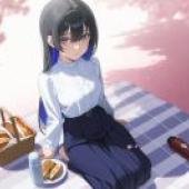 Picnic under the tree，The girl is sitting on the ground.