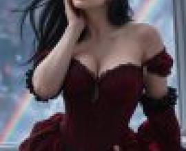 Dance of the Night，A red and black dress on a woman in front of a rainbow.