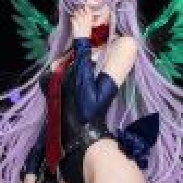 Different colors，Purple hair with red rose in hand.