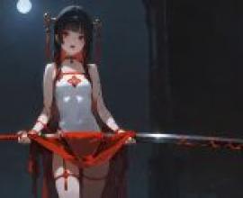 Cheongsam and giant sword Chinese style，Anime girl holding sword.