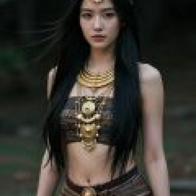 Beautiful Historical Shadows，Young woman in traditional dress and gold jewelry.