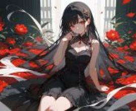 Bloody Ribbon，A girl with a black dress and red roses around her.