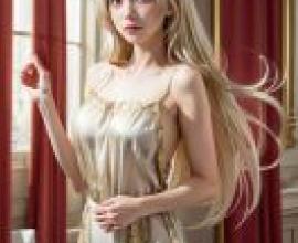 white haired girlGirl in blonde hair and gold gown.