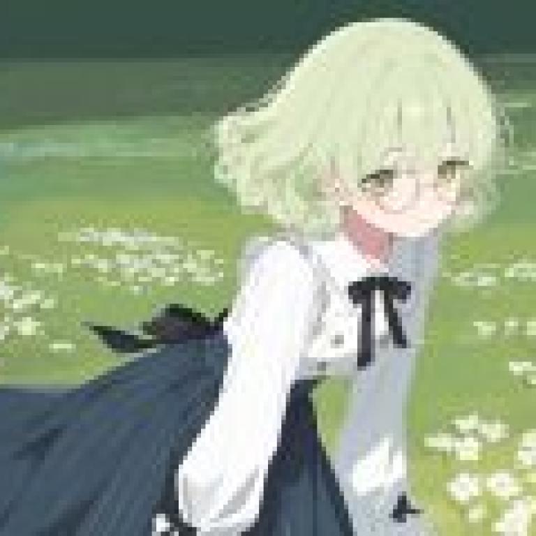 A beautiful dream on the green grass，A girl with green hair looking at the camera.