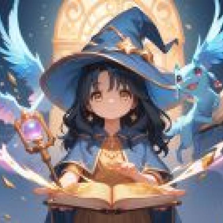 魔法書，一個女孩手裡拿著書，穿著藍色的衣服和帽子。