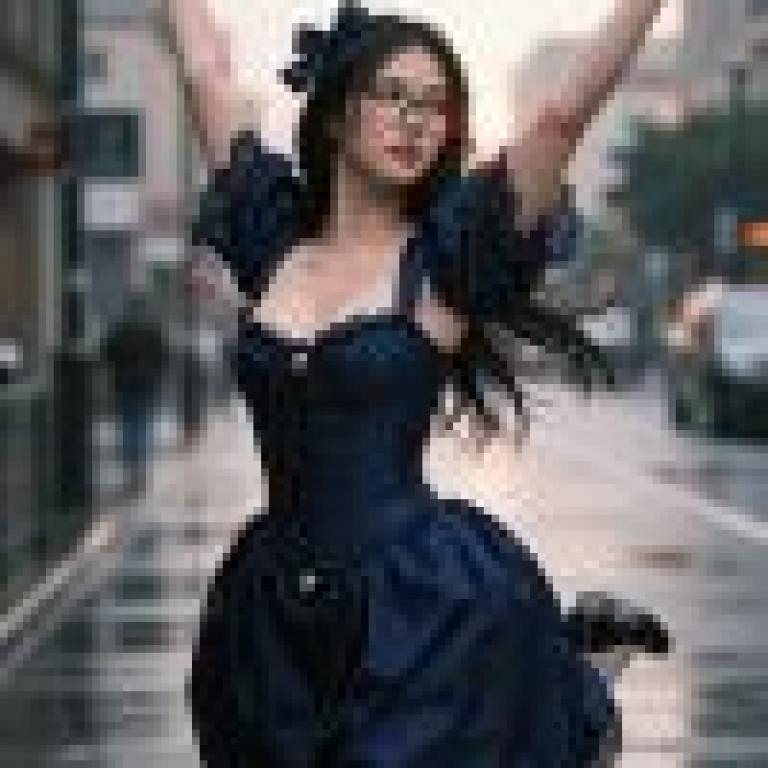 girls，A woman in blue dress is dancing.