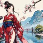 Ancient Kimono，身穿和服的女子站在水邊。