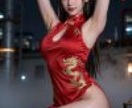 girls，Woman in red dress with dragon design on it.