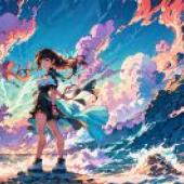 Anime beautiful girl figure， sword dance Wuyun: free download of tablecloths， beautiful girls holding swords stand on the background of Wuyun， detailed painting of Silil Ronado.