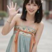 A chance encounter with a beautiful dream，A woman wears orange earrings and a blue dress.