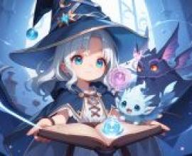 魔法書，一個女孩拿著一本打開的書，裡面有一個藍色的球和兩個生物。