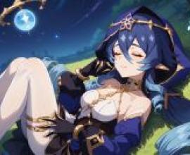 Layla GenshinA blue haired girl with wings lays in the grass.