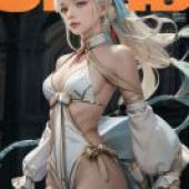 Morgan Le Fay Water Princess，A woman with blonde hair and blue ribbon in her hair， wearing a white and gold dress.