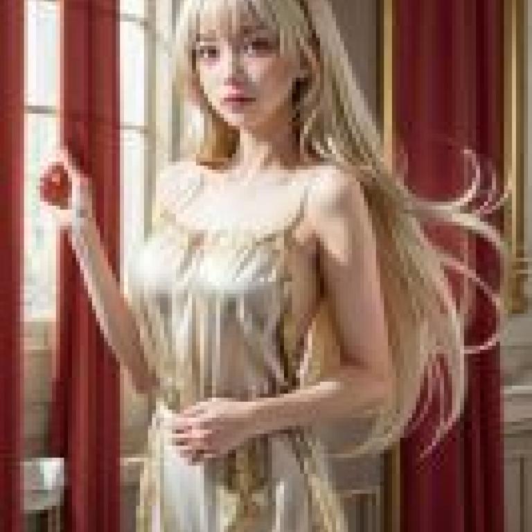 white haired girlGirl in blonde hair and gold gown.