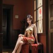 石昊阿姨穿著漂亮的裙子坐在長椅上。