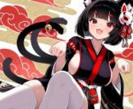 yamashiro azur lane，Cat is sitting down with red eyes.