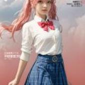 Tamamo JK Fate Extella，Anime girl with pink hair and blue skirt in Teen Ploc Magazine.