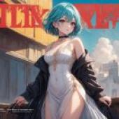 fantasy，A girl with a blue ribbon on her hair is holding onto a jacket.