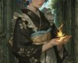 動漫女孩，一個藍頭髮、穿著黑色和服的女孩站在那裡。
