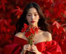 Red Dream，A woman holds red flowers.
