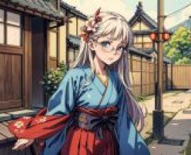 Computer wallpaper， Kimono beauty， anime， a girl in Japanese clothes stands next to a building.